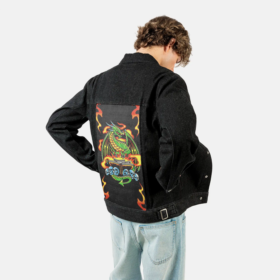 dungeonmaster patch on male og denim jacket in raven