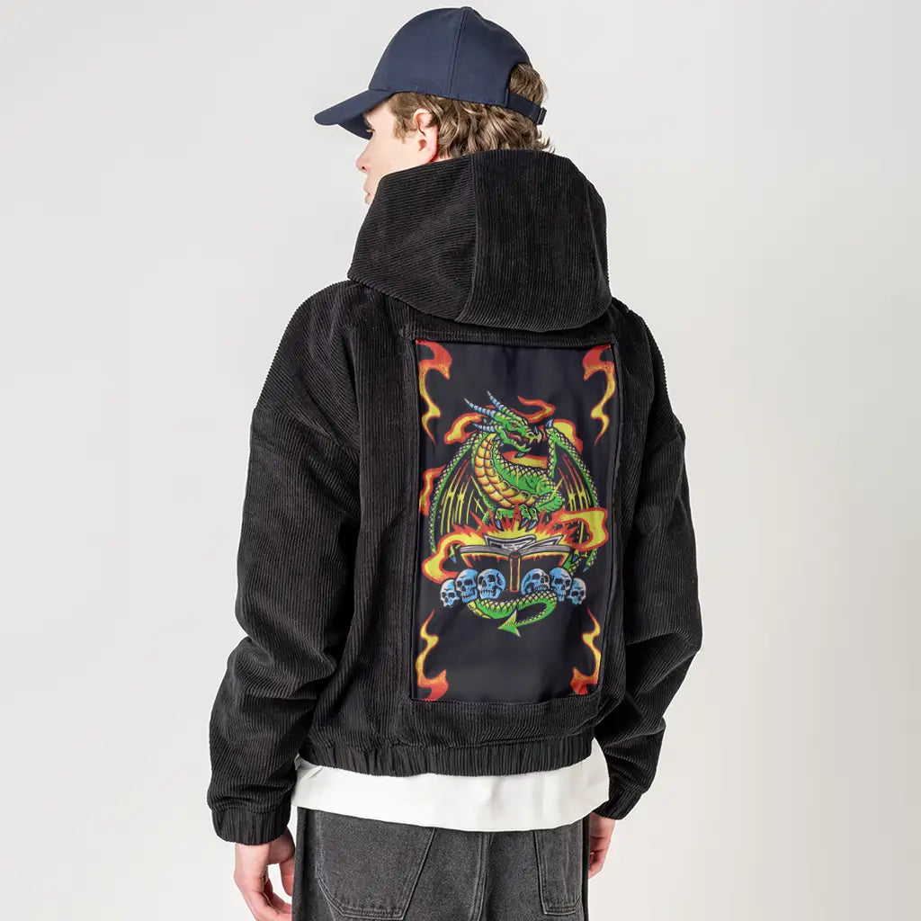 dungeonmaster patch on male retro cord hoodie in onyx