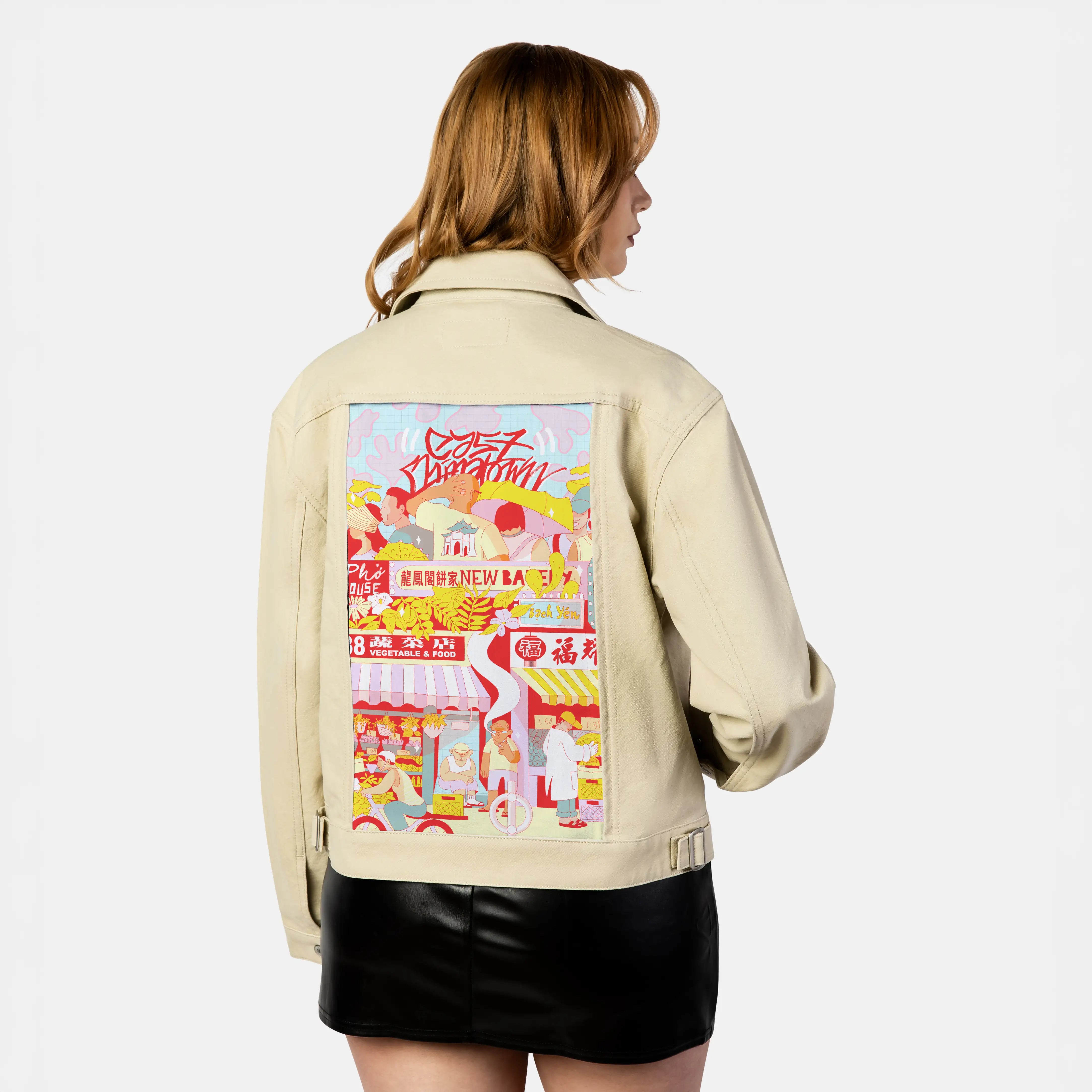 eastchinatown patch on female atelier canvas jacket in tan