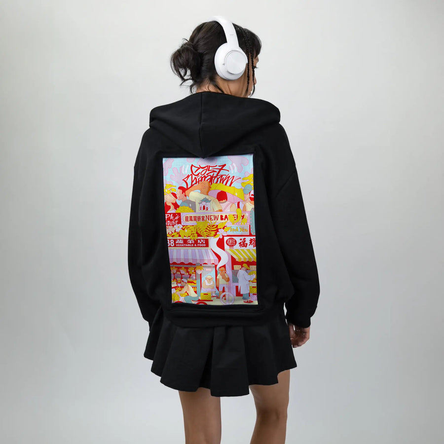 eastchinatown patch on female essential zip hoodie in after hours