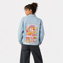 eastchinatown patch on female og denim jacket in oceanside
