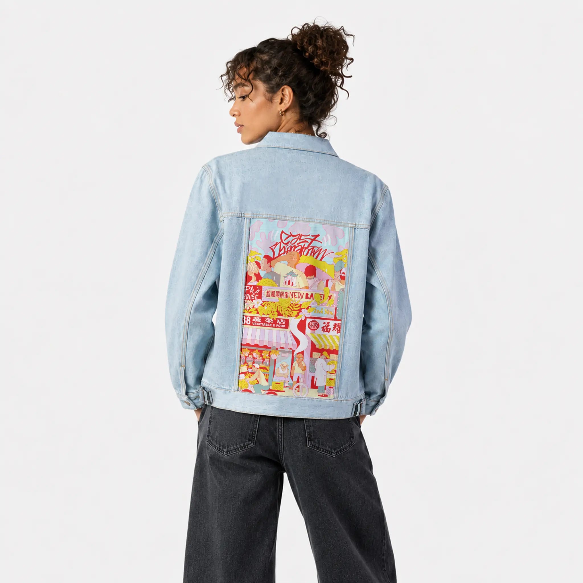 eastchinatown patch on female og denim jacket in oceanside
