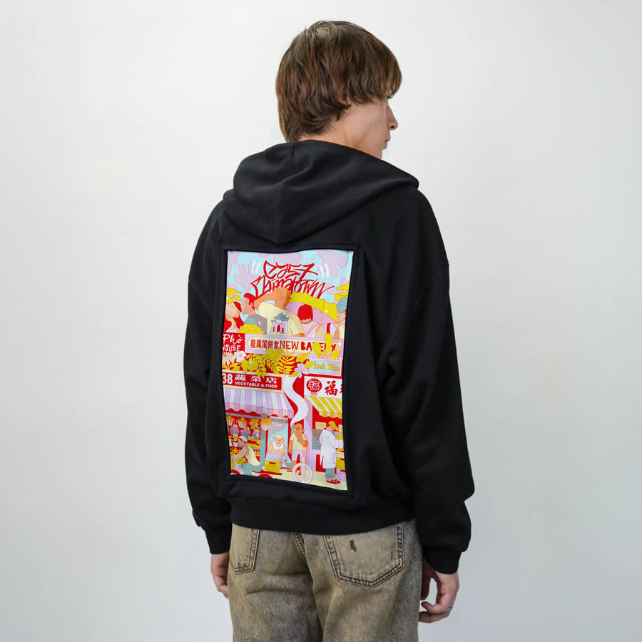eastchinatown patch on male essential zip hoodie in after hours
