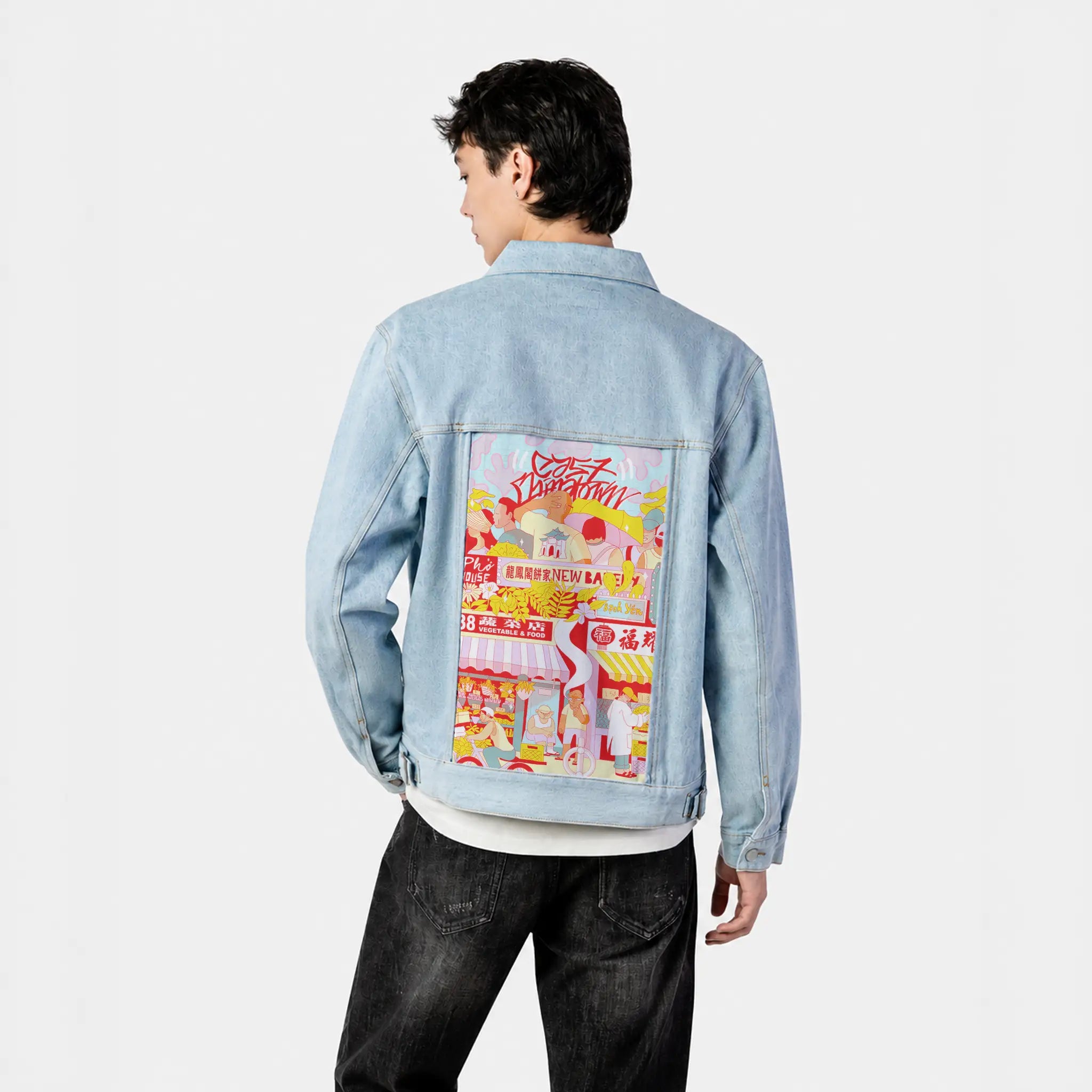 eastchinatown patch on male og denim jacket in oceanside