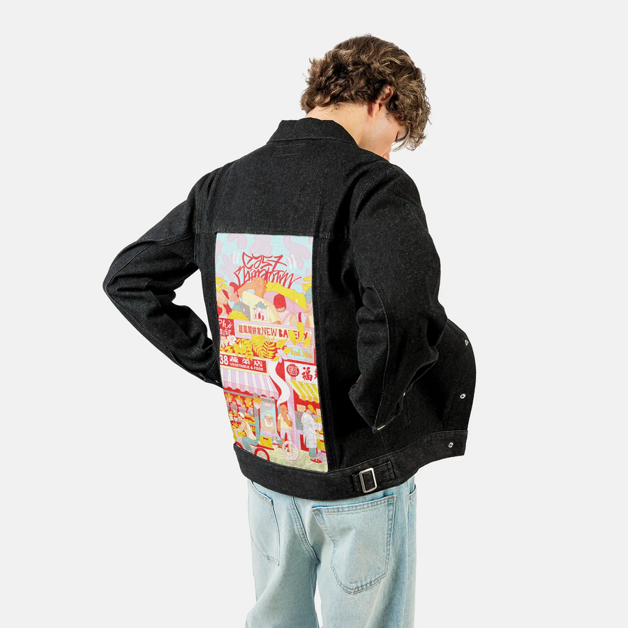eastchinatown patch on male og denim jacket in raven