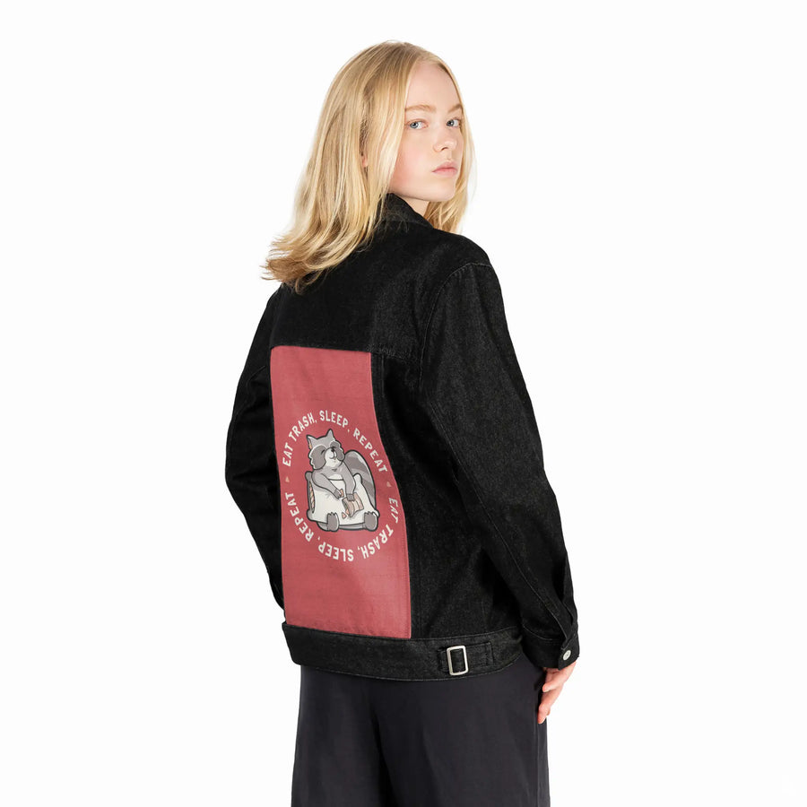 eattrash patch on female og denim jacket in raven