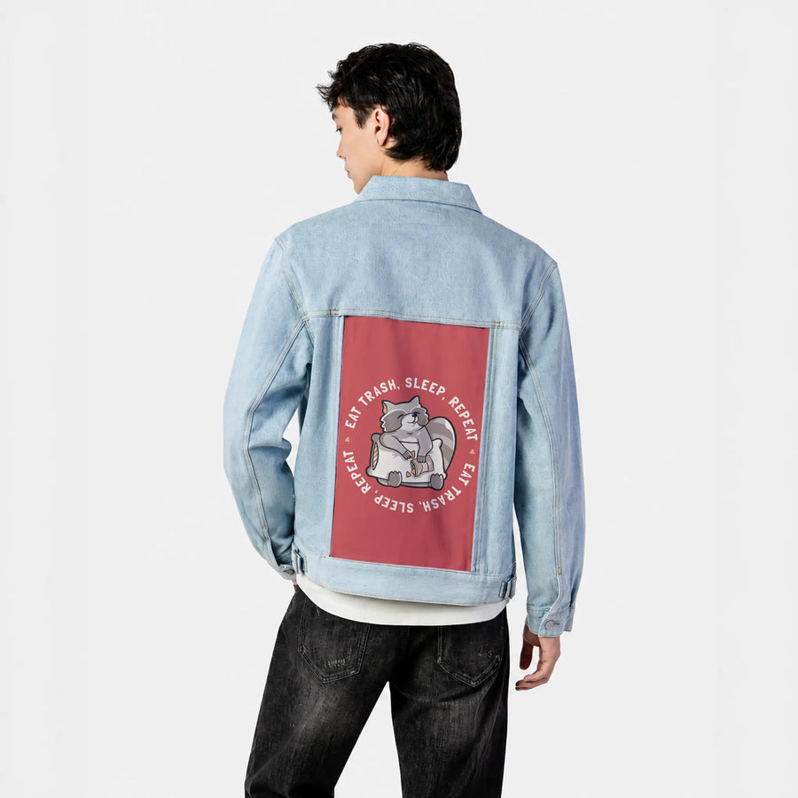 eattrash patch on male og denim jacket in oceanside
