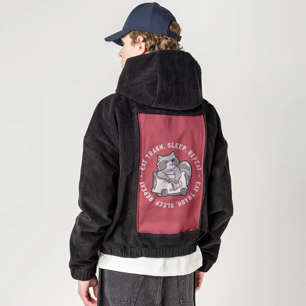 eattrash patch on male retro cord hoodie in onyx