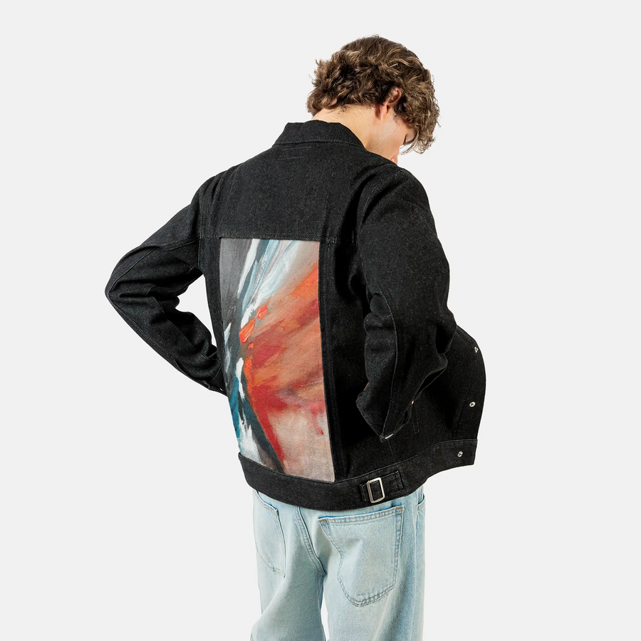 echoofthewild patch on male og denim jacket in raven