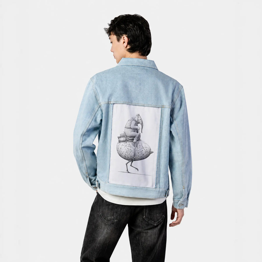 eggrace patch on male og denim jacket in oceanside