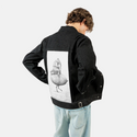 eggrace patch on male og denim jacket in raven