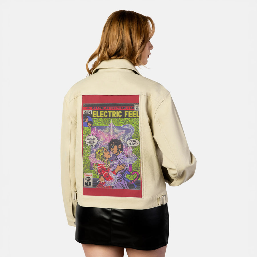 electricfeel patch on female atelier canvas jacket in tan