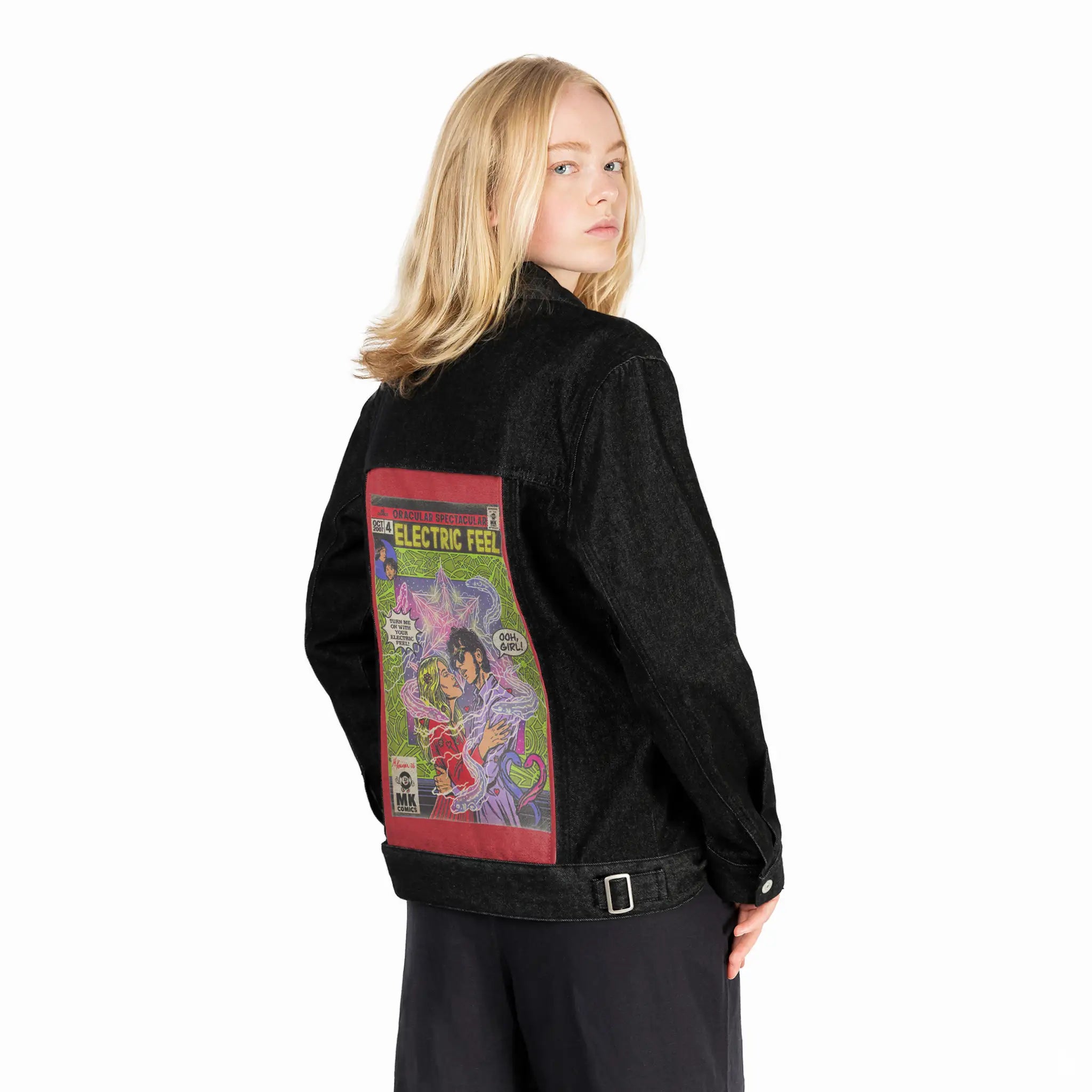 electricfeel patch on female og denim jacket in raven