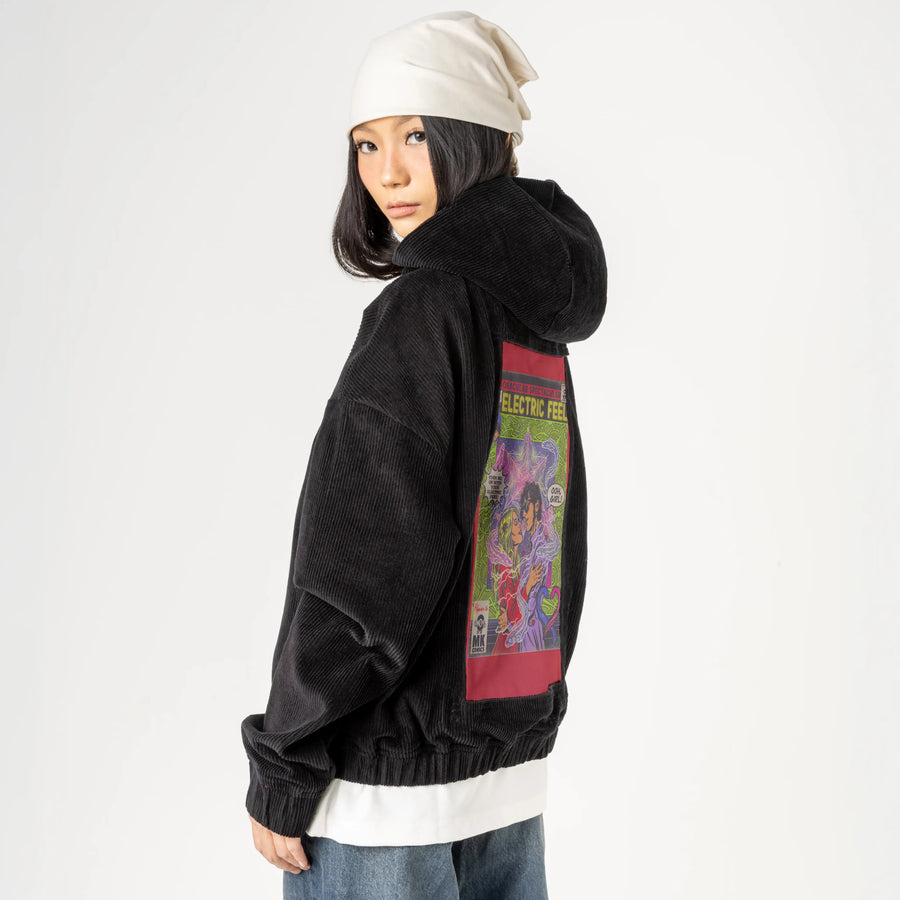 electricfeel patch on female retro cord hoodie in onyx