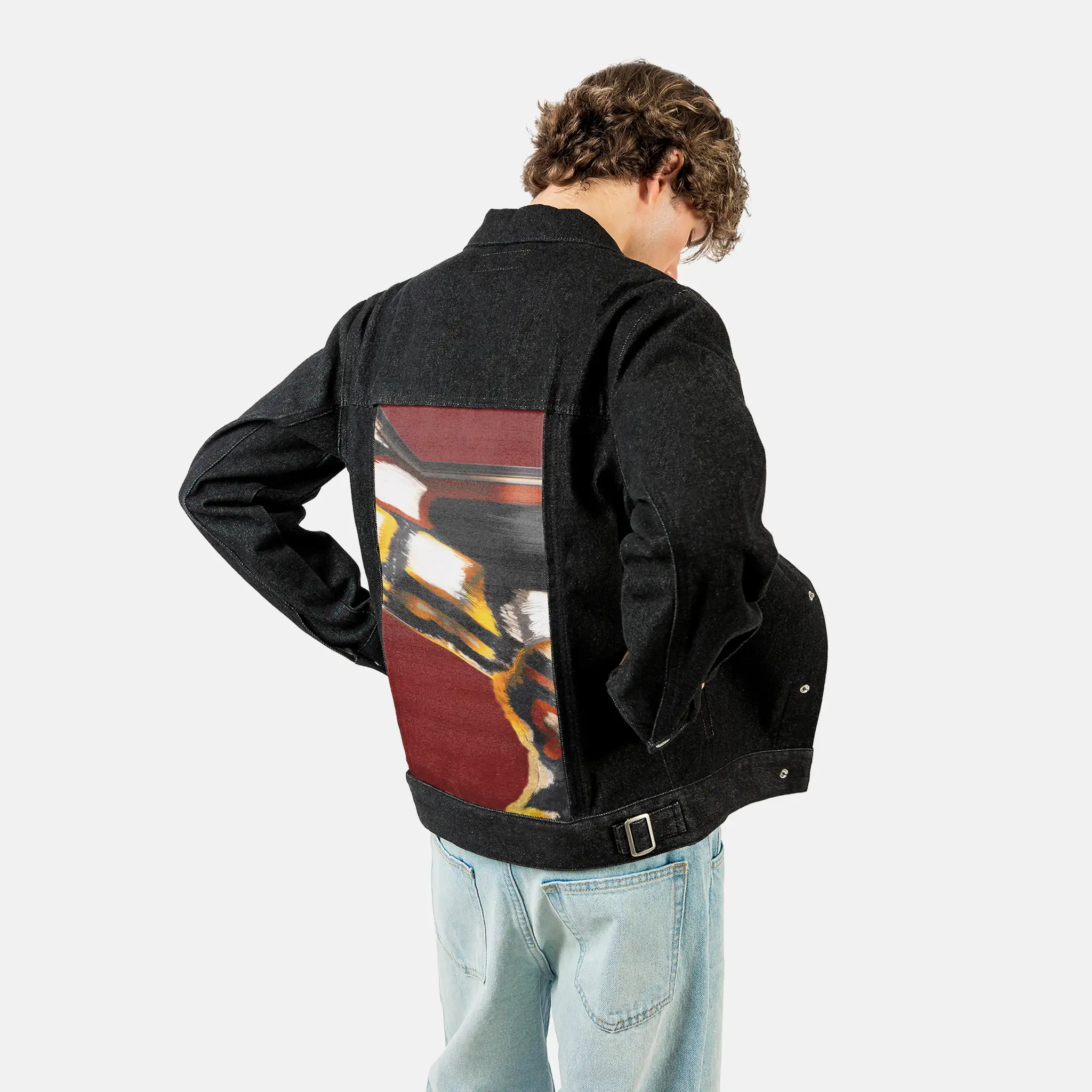 emberinmotion patch on male og denim jacket in raven