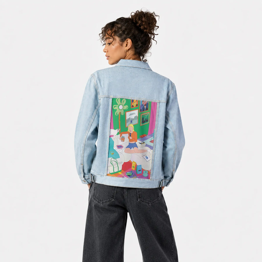 emmachamberlain patch on female og denim jacket in oceanside