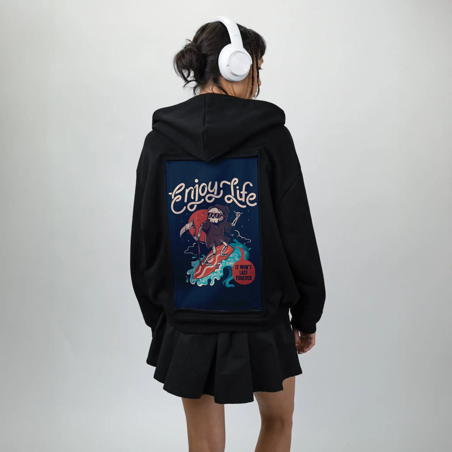 enjoylife patch on female essential zip hoodie in after hours