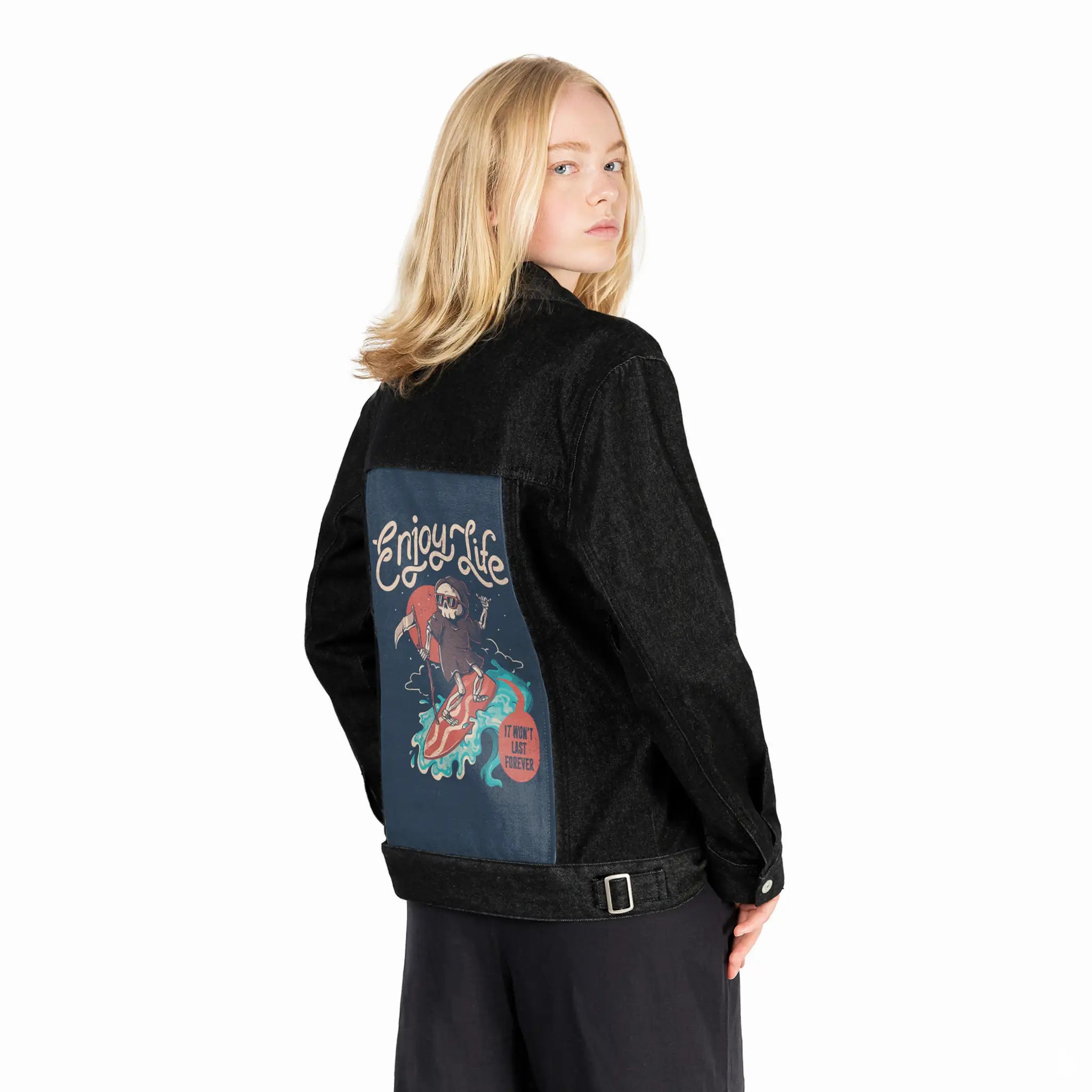 enjoylife patch on female og denim jacket in raven