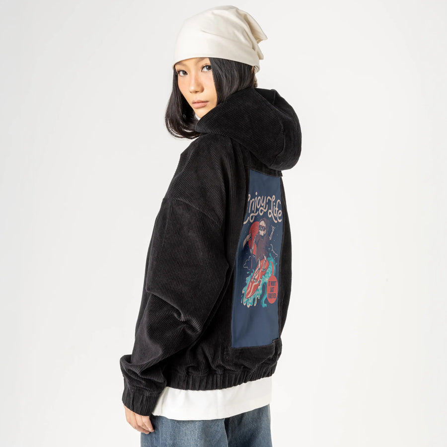 enjoylife patch on female retro cord hoodie in onyx
