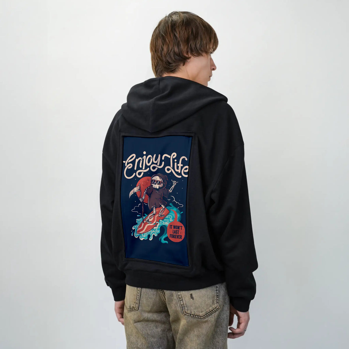 enjoylife patch on male essential zip hoodie in after hours