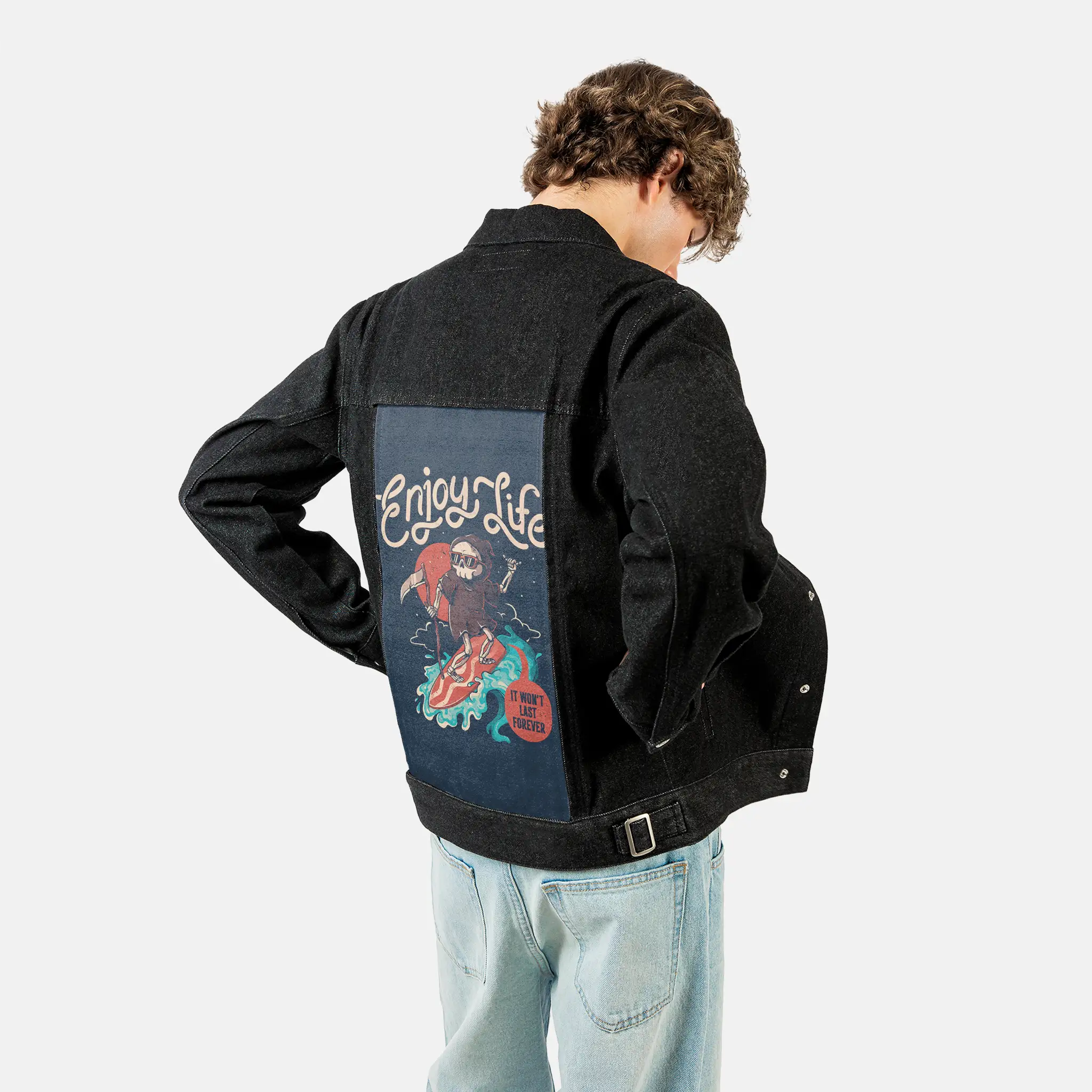 enjoylife patch on male og denim jacket in raven