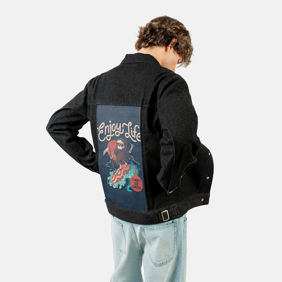 enjoylife patch on male og denim jacket in raven