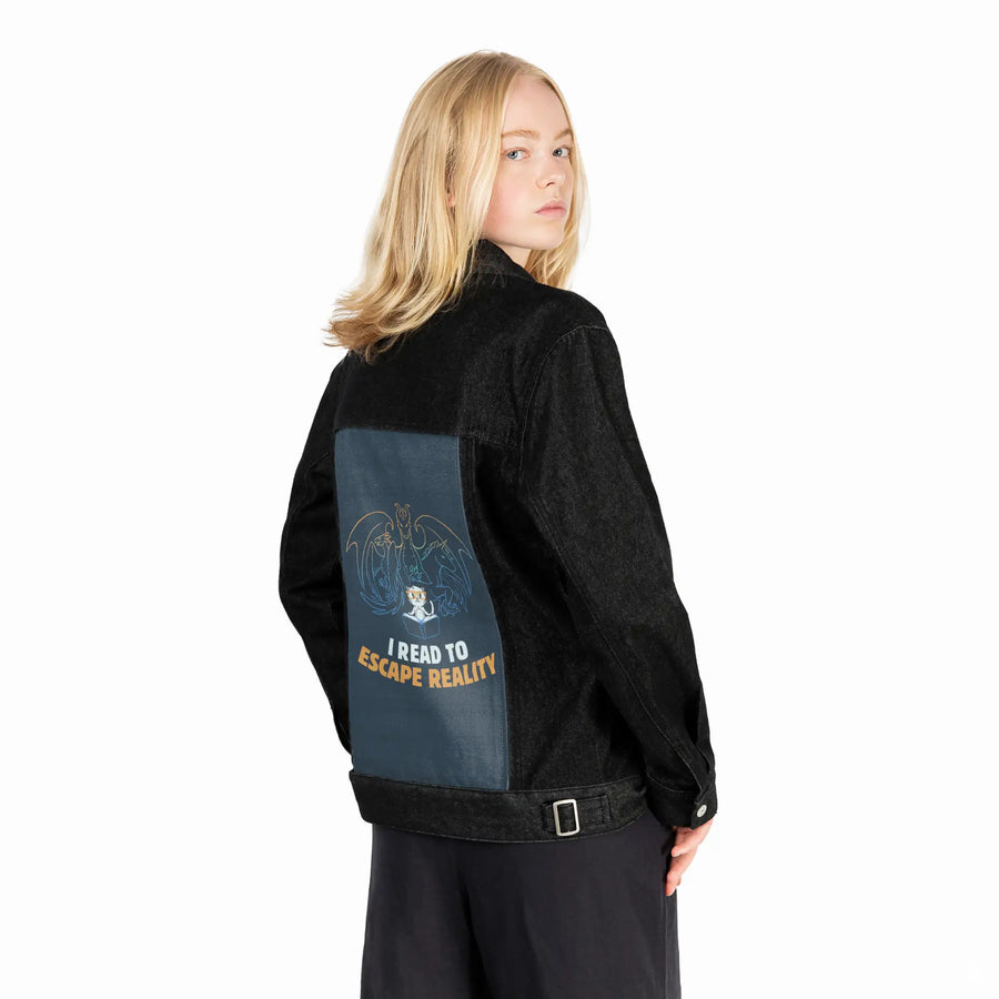 escapereality patch on female og denim jacket in raven