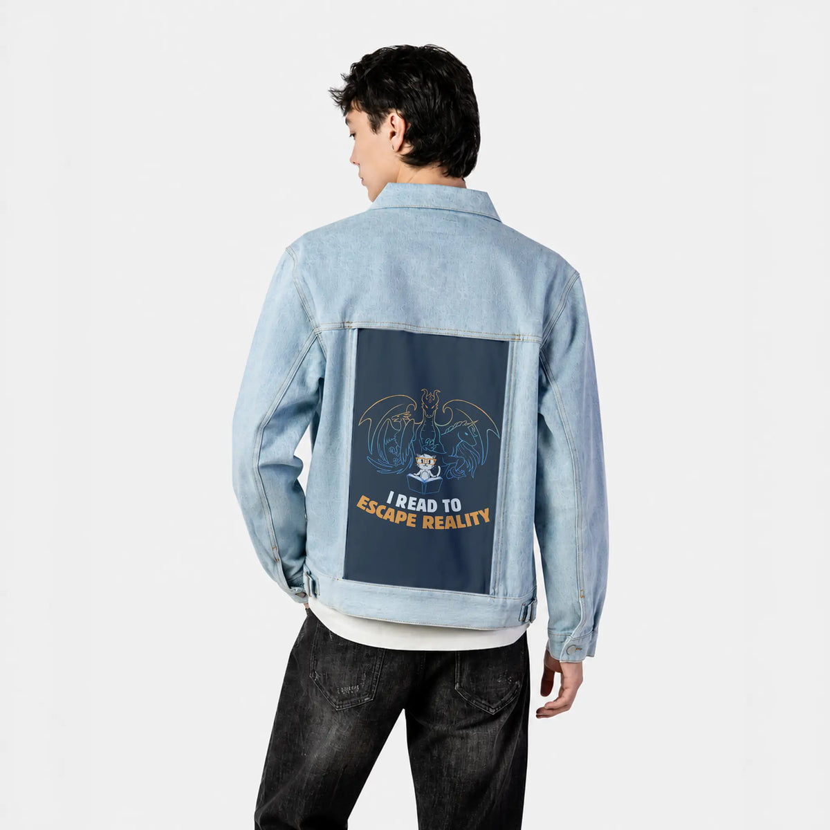 escapereality patch on male og denim jacket in oceanside