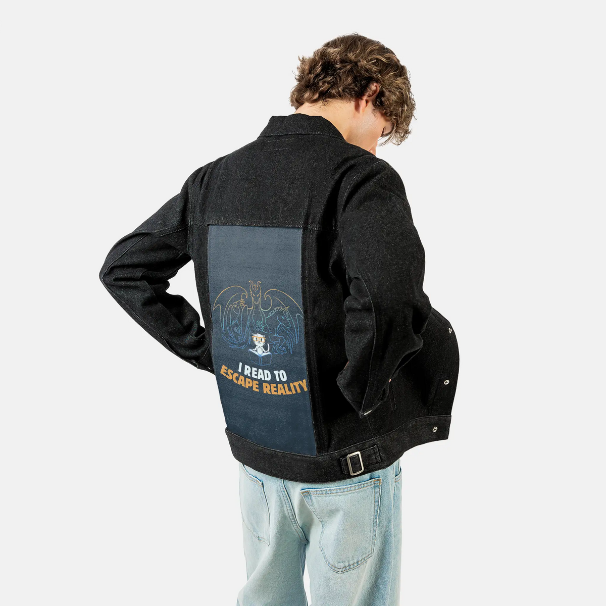 escapereality patch on male og denim jacket in raven