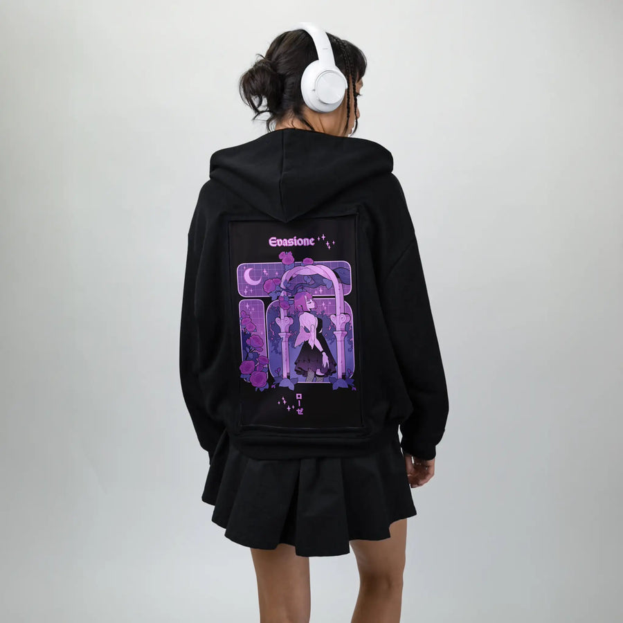 escapism patch on female essential zip hoodie in after hours
