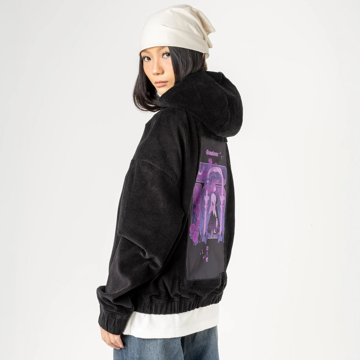 escapism patch on female retro cord hoodie in onyx