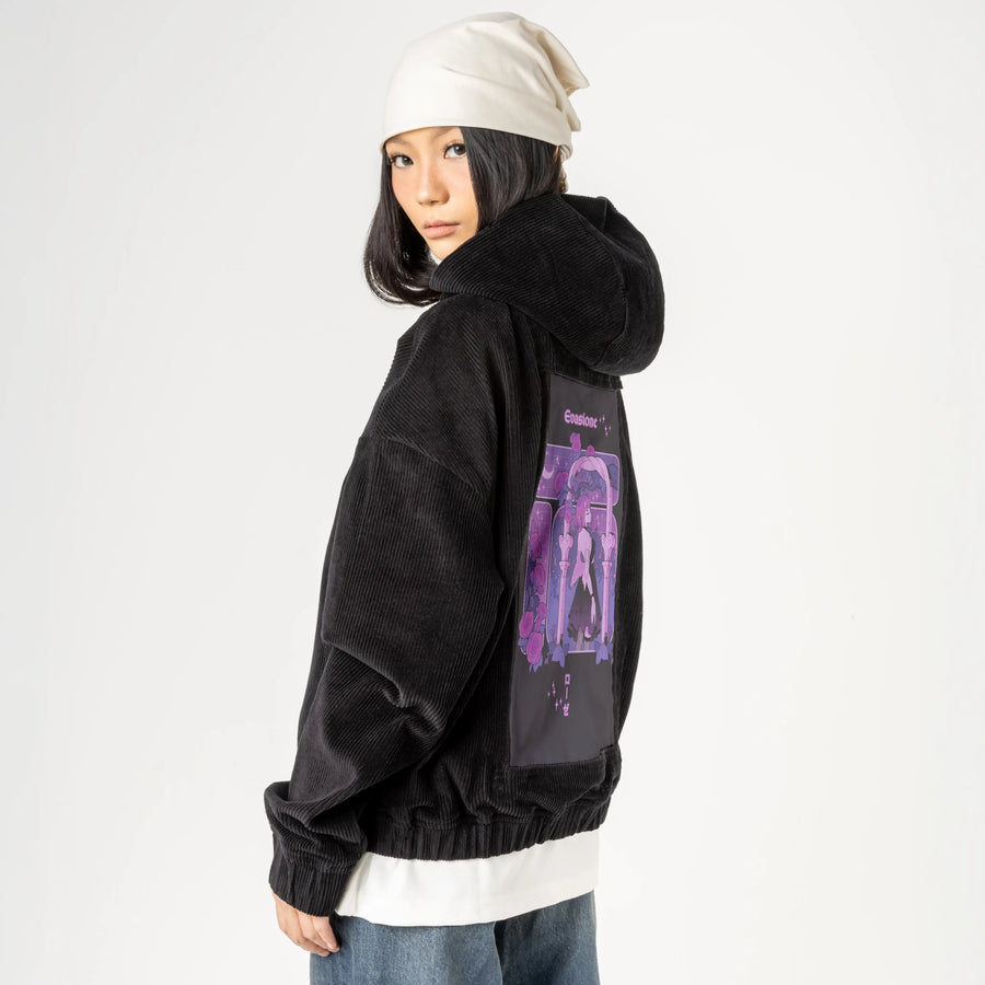 escapism patch on female retro cord hoodie in onyx