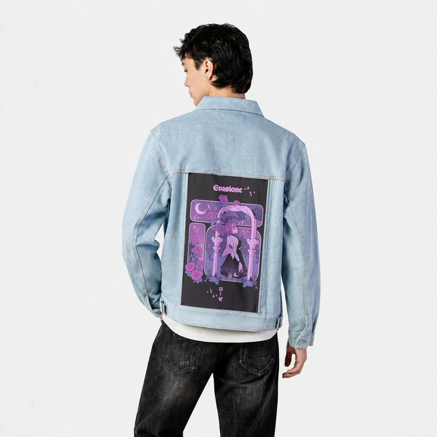 escapism patch on male og denim jacket in oceanside