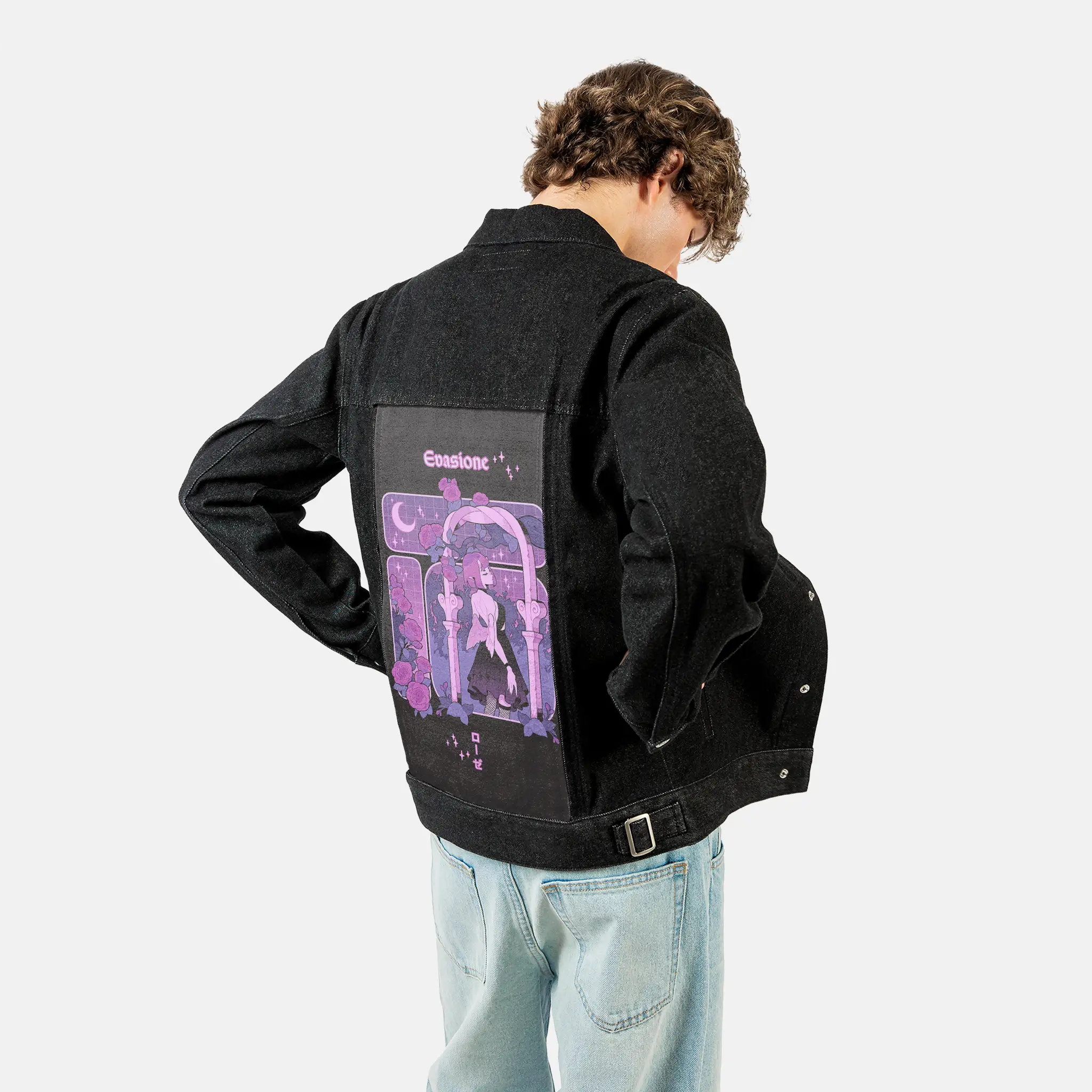 escapism patch on male og denim jacket in raven