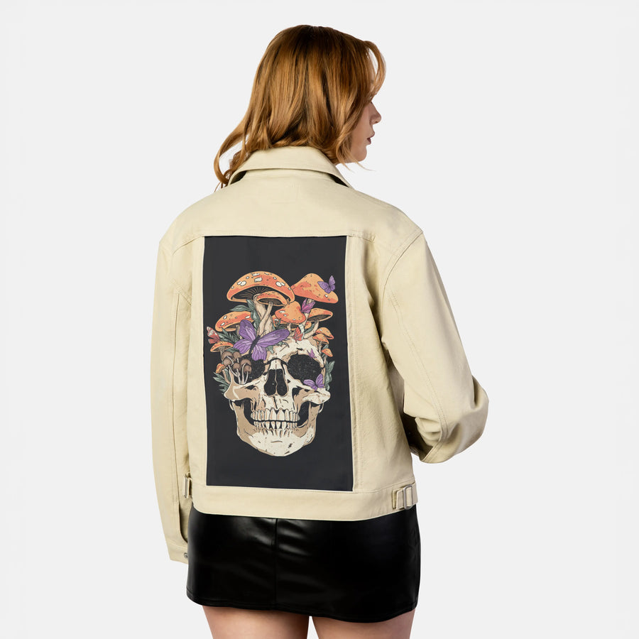 eternalfungi patch on female atelier canvas jacket in tan