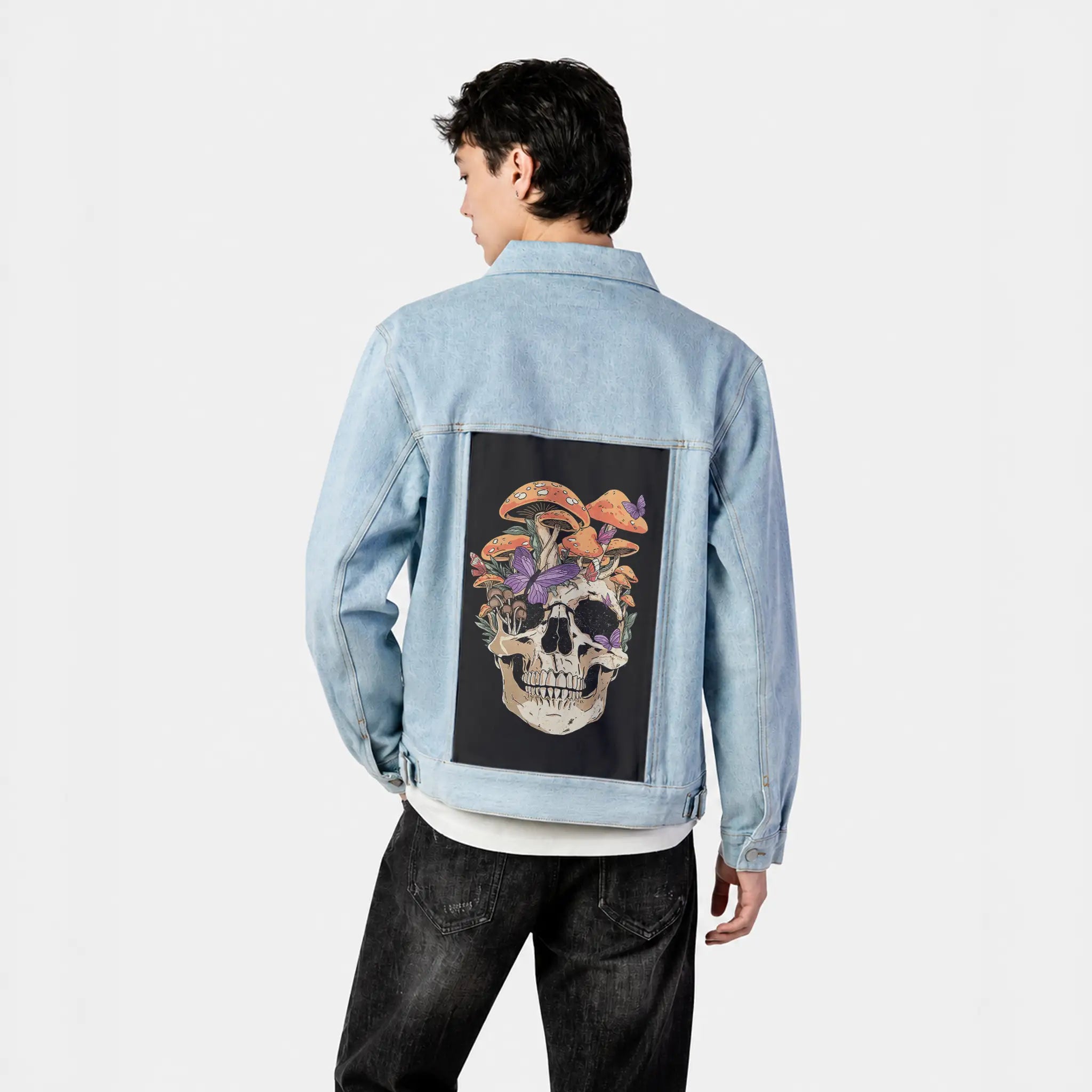 eternalfungi patch on male og denim jacket in oceanside