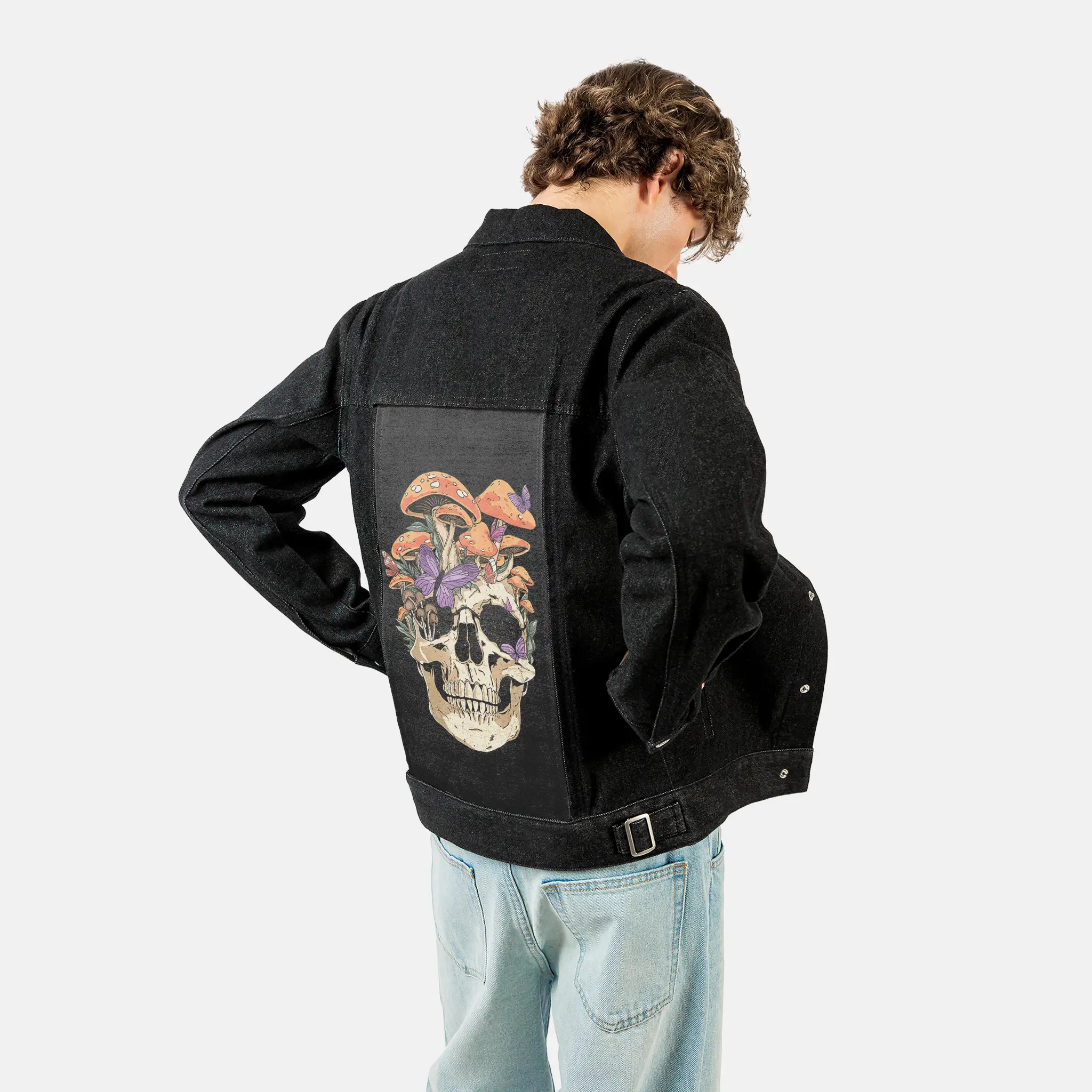 eternalfungi patch on male og denim jacket in raven