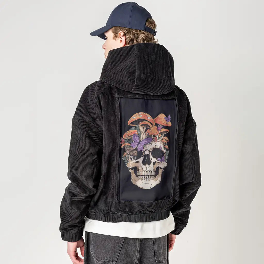 eternalfungi patch on male retro cord hoodie in onyx
