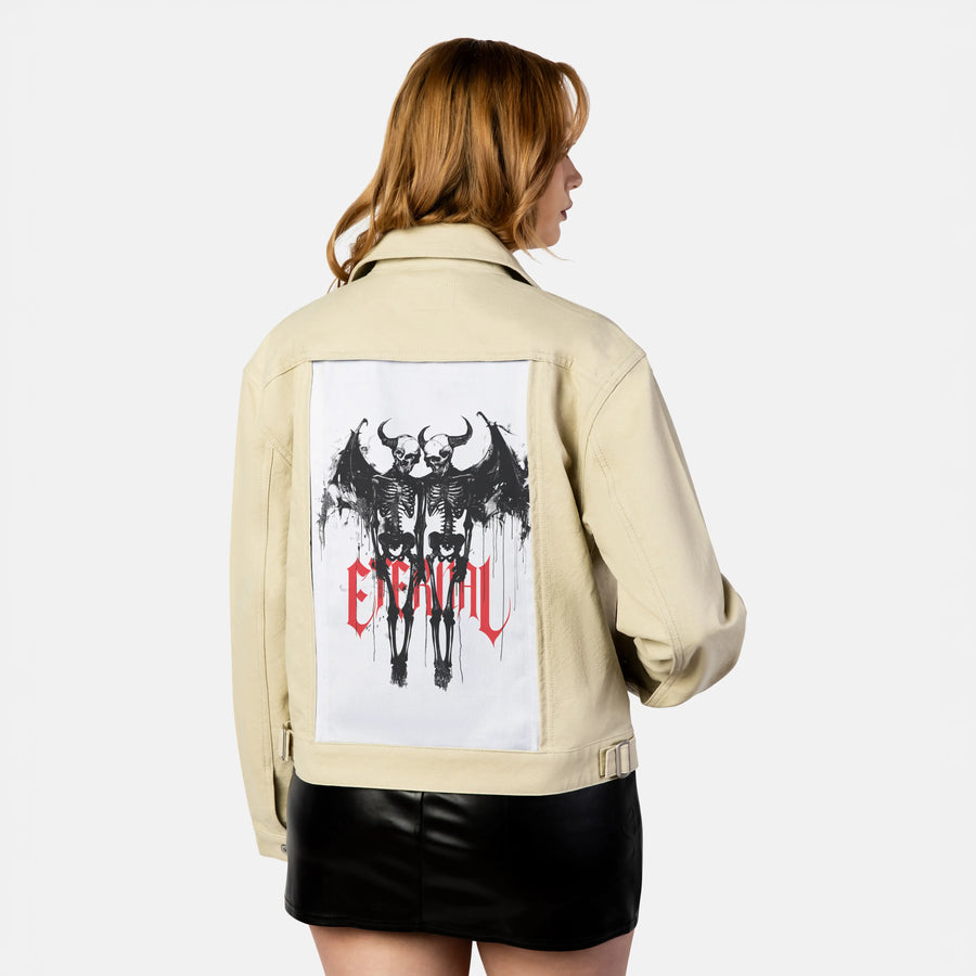 eternallove patch on female atelier canvas jacket in tan
