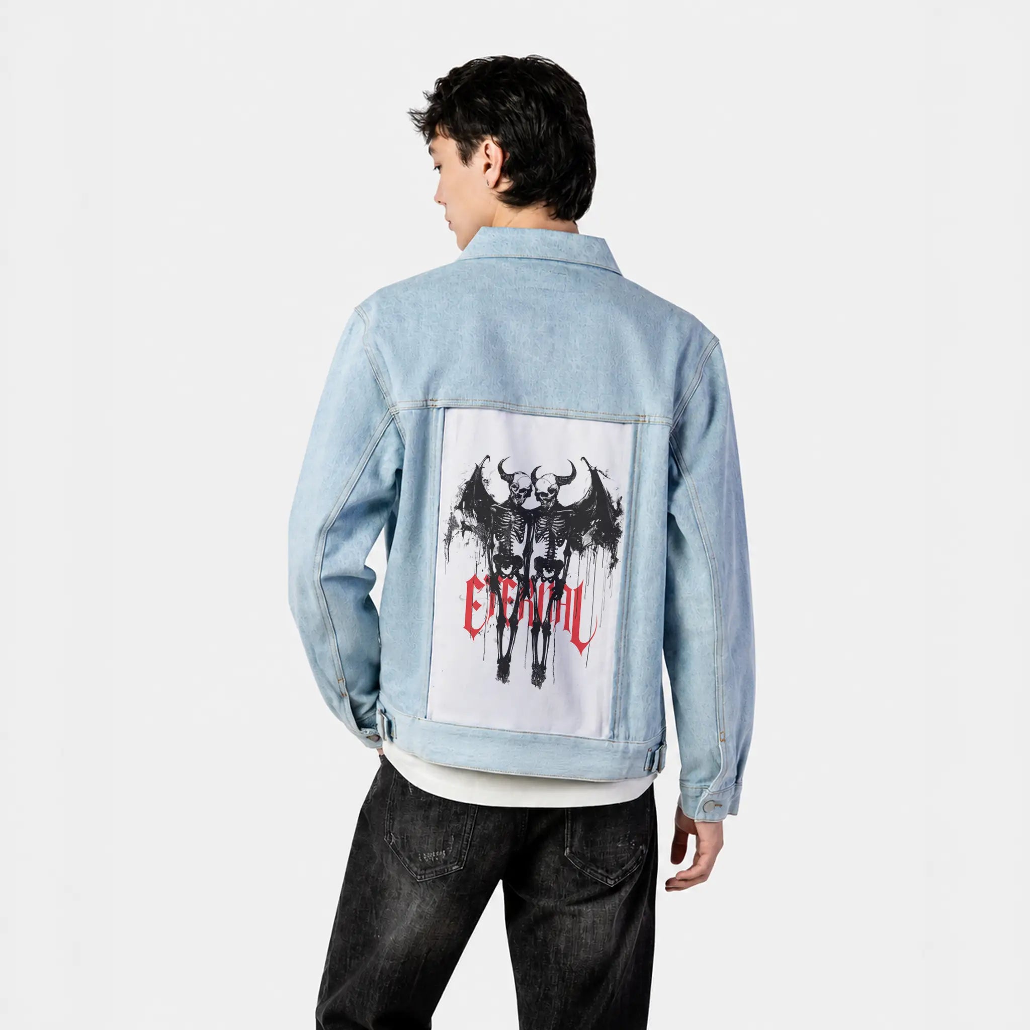 eternallove patch on male og denim jacket in oceanside