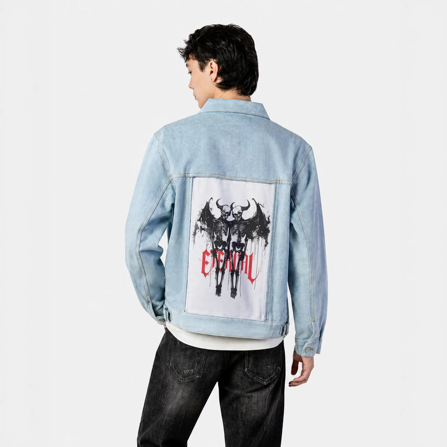 eternallove patch on male og denim jacket in oceanside