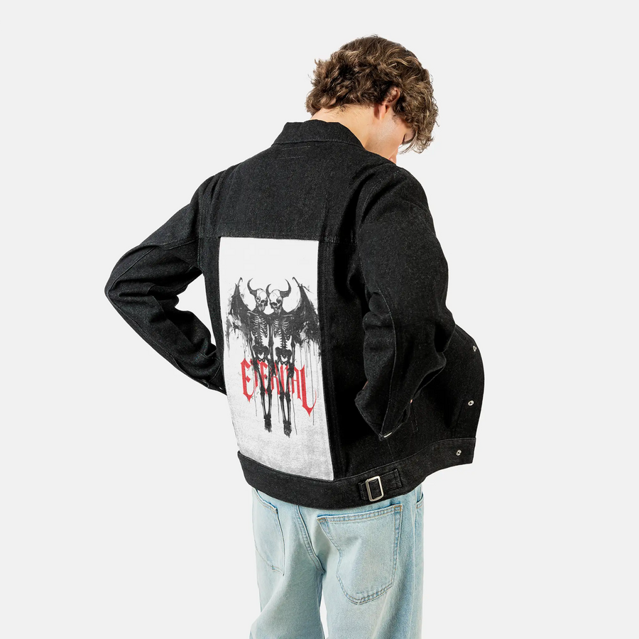 eternallove patch on male og denim jacket in raven