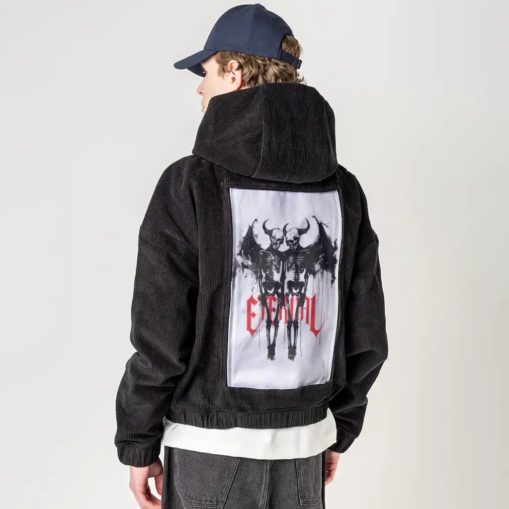 eternallove patch on male retro cord hoodie in onyx