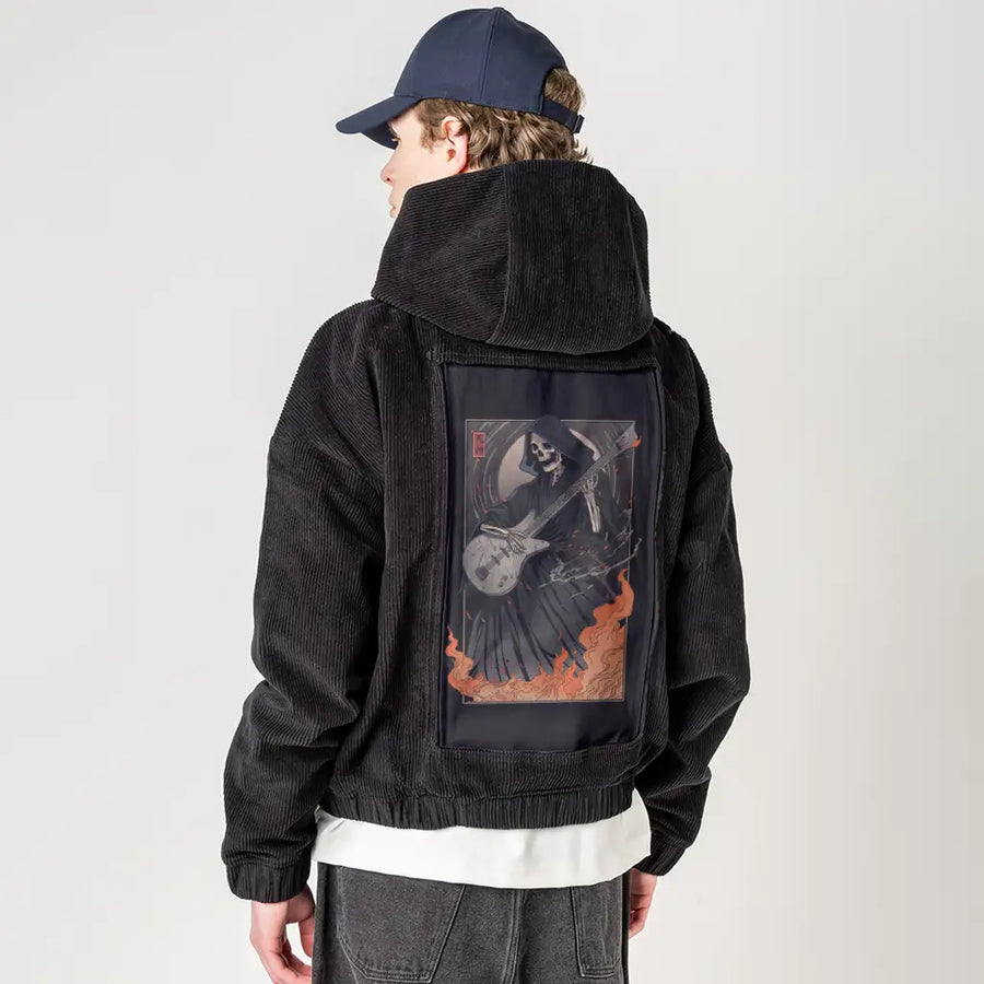 eternalriffs patch on male retro cord hoodie in onyx