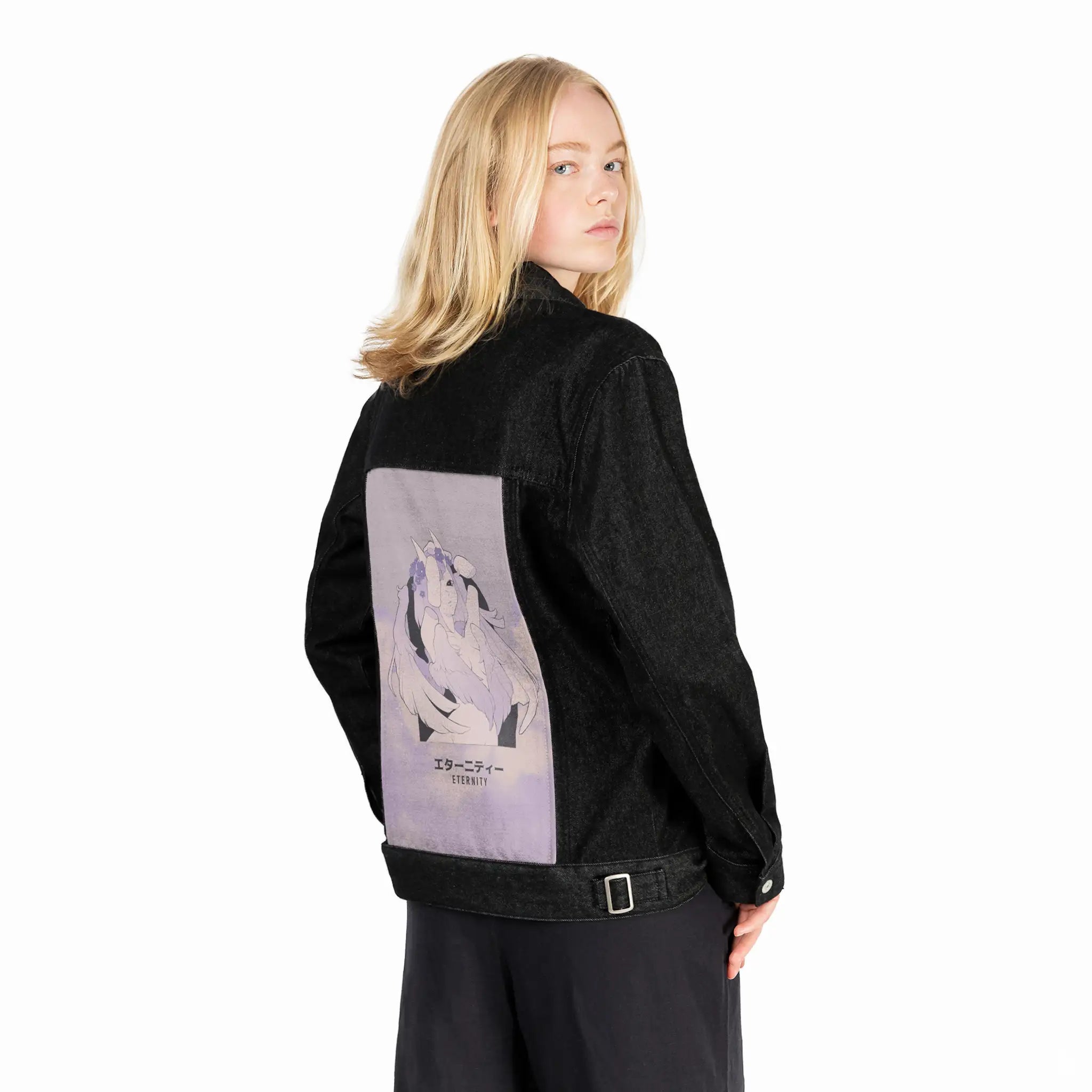 eternity patch on female og denim jacket in raven