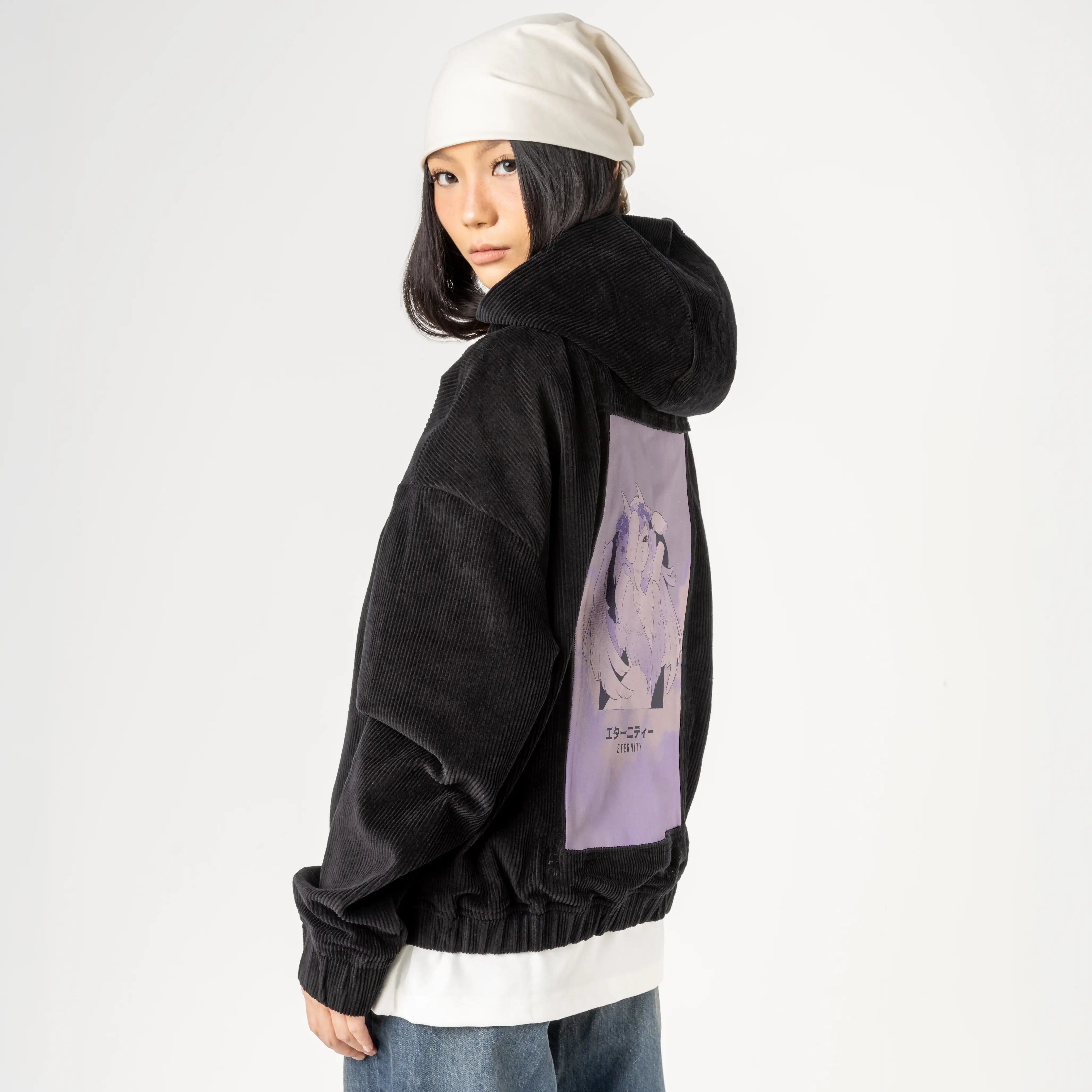 eternity patch on female retro cord hoodie in onyx