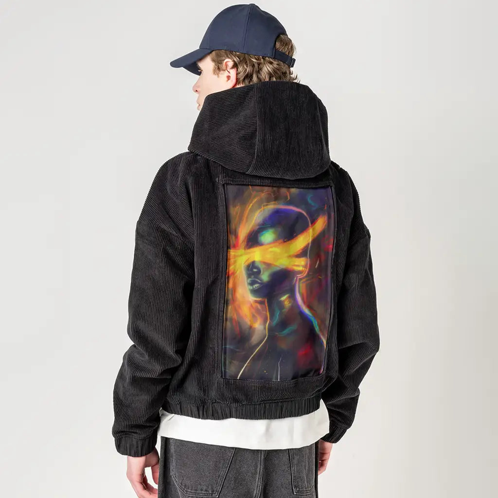 ethereal patch on male retro cord hoodie in onyx