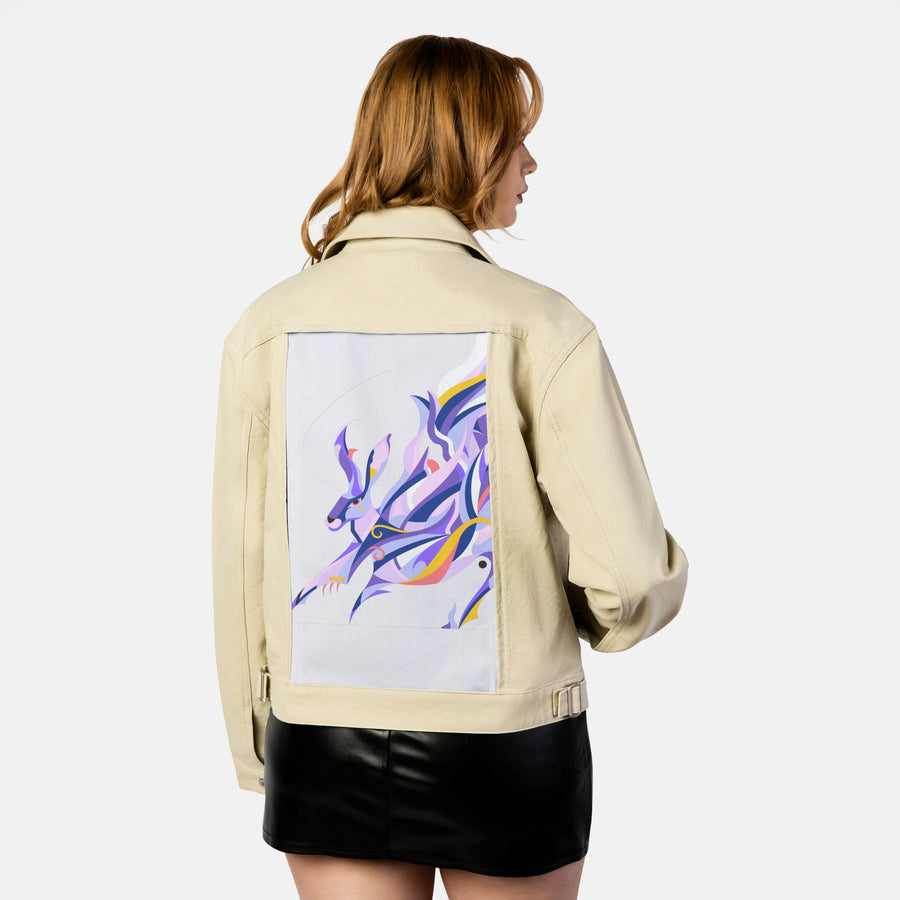 etherealhare patch on female atelier canvas jacket in tan