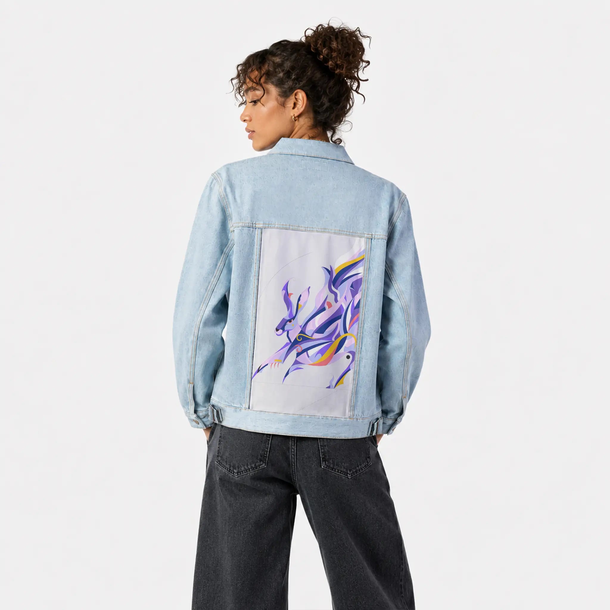 etherealhare patch on female og denim jacket in oceanside