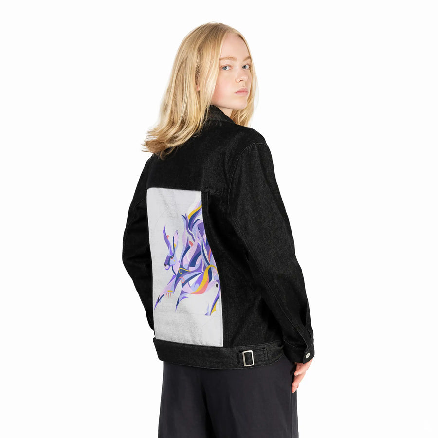 etherealhare patch on female og denim jacket in raven